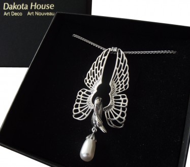 Jugendstil Halskette 925 Silber Schwan mit Kristall und Perle