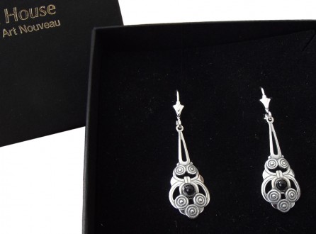 Ohrringe 925 Silber mit Onyx Cabochon Altchristliche Symbole