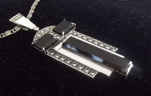 Halskette 925 Silber mit Onyx Markasiten Art Deco Stil 1930