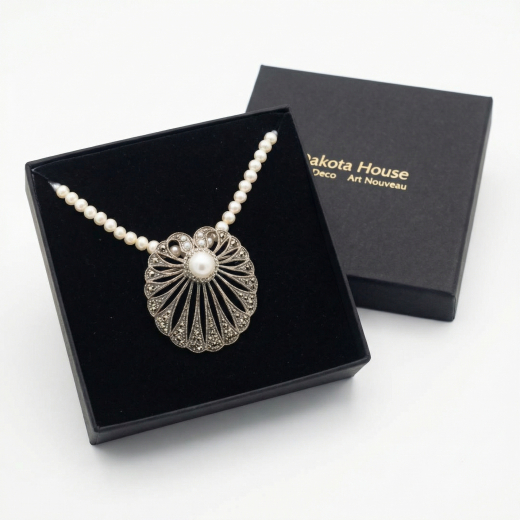 Halskette Brosche Anh�nger 925 Silber mit Perlen und Markasiten an Perlenkette