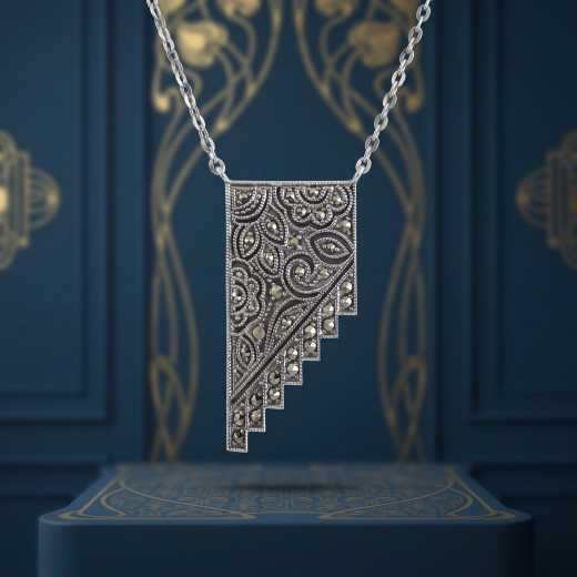 Halskette 925 Silber mit Markasiten und Jugendstilornamenten