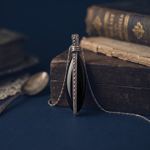 Halskette 925 Silber mit Onyx und Markasiten Roaring Twenties