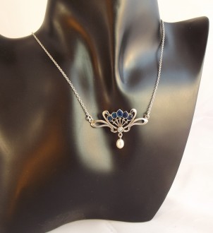 Collier Schmuck Jugendstil mit Opal, Perlenabh�ngung und Emaille