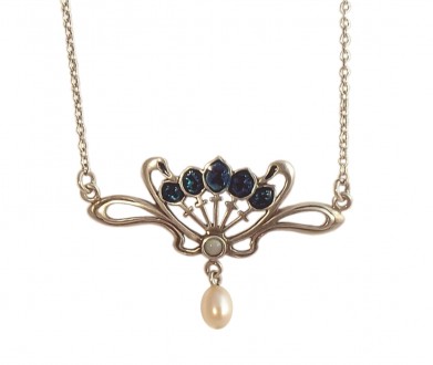 Collier Schmuck Jugendstil mit Opal, Perlenabh�ngung und Emaille