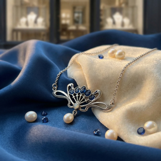 Collier Schmuck Jugendstil mit Opal, Perlenabh�ngung und Emaille