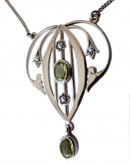 Damen Halskette 925 Silber mit strahlendem Peridot und Perlenapplikationen