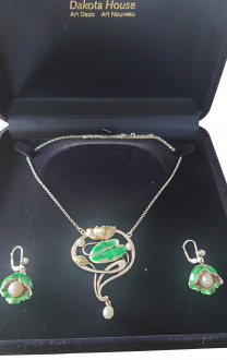 Jugendstil Schmuckset Seerose 925 Silber mit Perlen und Emaille