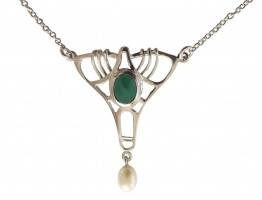 Halskette im Jugendstil 925 Silber mit gr�nem Achat und SWZ - Perle