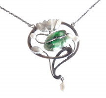 Jugendstil Schmuckset Seerose 925 Silber mit Perlen und Emaille
