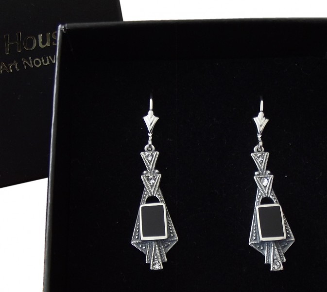Paar schwarze Glasohrringe/Earrings mit Silber ART DECO 30er Jahre Deutschland 