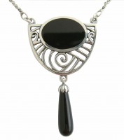 Jugendstil Schmuck Halskette Silber mit Onyx Abhaengung