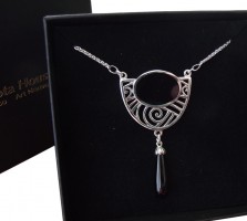 Jugendstil Schmuck Halskette Silber mit Onyx Abhaengung