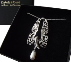 Jugendstil Halskette 925 Silber Schwan mit Kristall und Perle