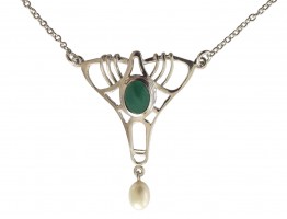 Halskette im Jugendstil 925 Silber mit grünem Achat und SWZ - Perle